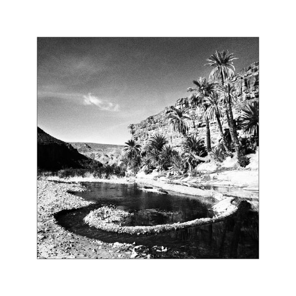 Traditional irrigation dam on the Oued of the Fint valley at the foot of palm trees and cliffs. Ouarzazate region, Morocco. Barrage d’irrigation traditionnelle sur l’Oued de la vallee de Fint au pied des palmiers et des falaises. Region de Ouarzazate, Maroc.